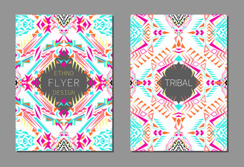 Vector set of geometric colorful brochure templates for business and invitation. Ethnic, tribal, aztec style. A4 format.