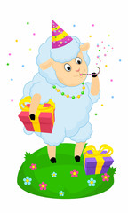 Иллюстрация на тему овечка празднует день рождения на полянке где растут цветы
