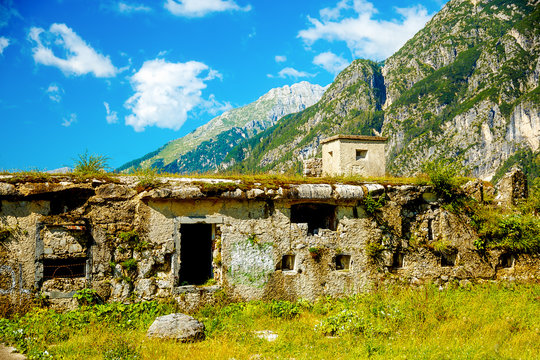 Fortress ruins of World War 2 in mountain.