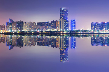 Skyline of Abu Dhabi at night, United Arab Emirates