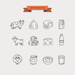 Dairy production. Icon set.