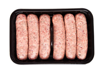 Package of raw beef sausages on white background