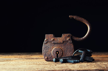 Old rusty padlock and keys