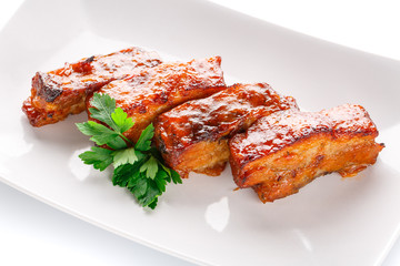 Restaurant food - grilled steak on white