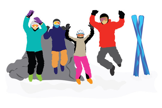 Four happy skiers jumping in the air with excitement