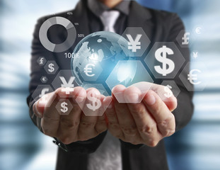 financial symbols coming from hand.