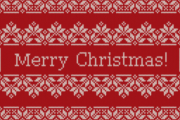 Scandinavian Fair Isle Knitting Pattern with Snowflakes and Greeting Text Merry Christmas. Seamless Knitted Background