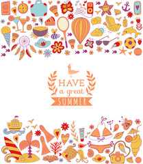 Summer vacation hand drawn vector elementss and objects, beach symbols