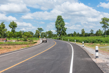 Summer country road,Curving road between fields and trees