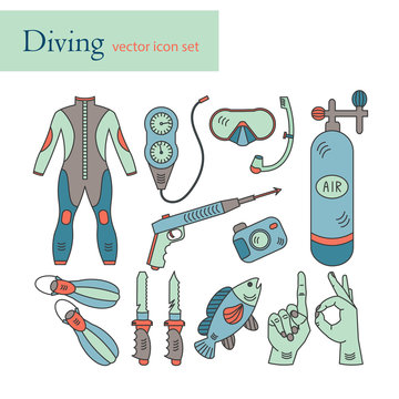 Vector line icons with diving equipment.