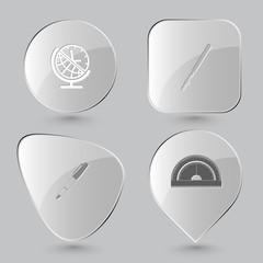 Obraz premium globe and clock, ruling pen, ink pen and pencil, protractor.