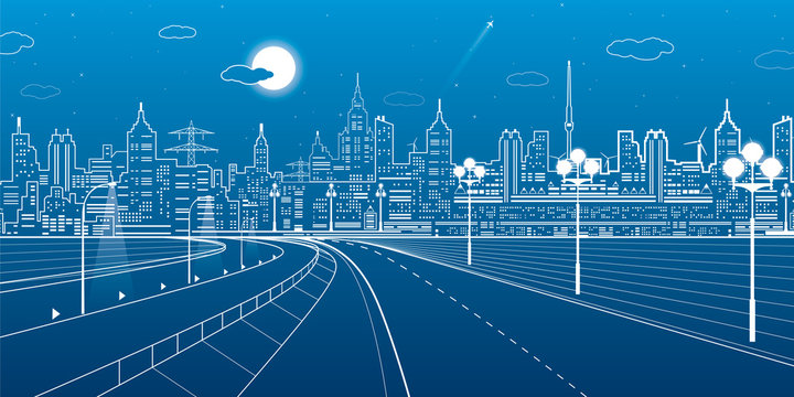 City scene, highway, urban skyline, street life, neon town, white lines on blue background, vector design art