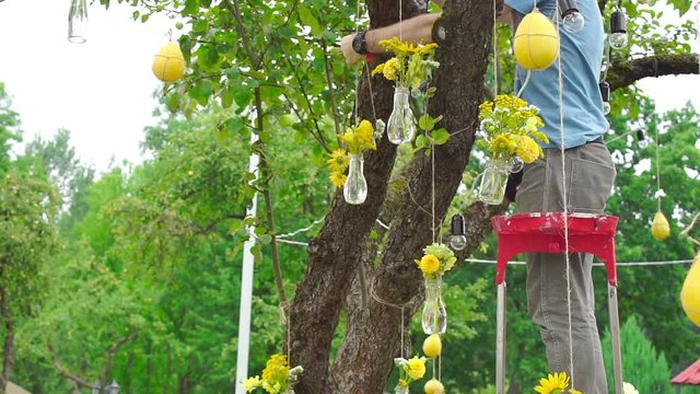 Wedding floristics in a rustic style. Florist man at work decorates tree with vases of yellow flowers. Making a country style wedding using wildflowers and sunflower. Camera slide.