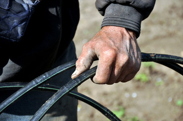 Obraz premium Prepared for planting in early Spring. Drip Irrigation System Close Up. prepared for planting in early Spring. Working hands.