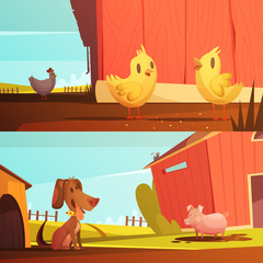 Obraz na płótnie Canvas Farm Animals 2 Horizontal Cartoon Banners 