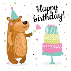 Cute birthday greeting cards design with bear