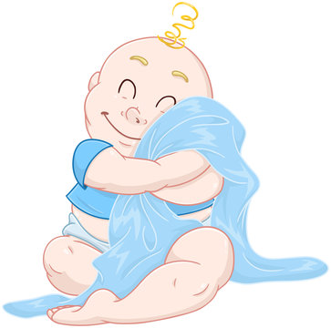 Cute Baby Boy Hugs Blue Blanket
