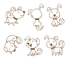 Cute cartoon dogs set. Six little puppies in different poses. Funny animals. Vector  contour image no fill. Children's illustration.