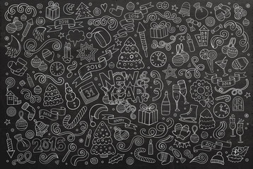 Chalkboard vector hand drawn Doodle set of New Year objects