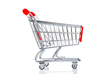 Shopping cart closeup on white background
