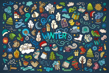 Colorful vector hand drawn doodles cartoon set of Winter objects