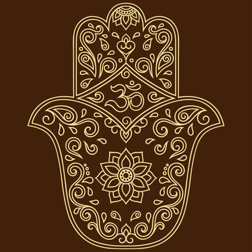 Vector hamsa hand drawn symbol. OM decorative symbol. Decorative pattern in oriental style for the interior decoration and drawings with henna. The ancient symbol of the " Hand of Fatima ".
