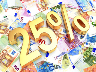Golden 25 PERCENT on background of EURO bills. 3D illustration