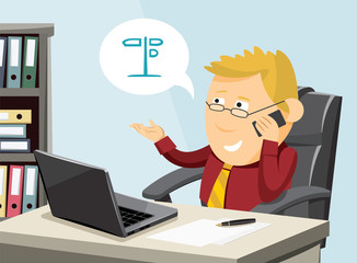 Cartoon businessman on the phone in office. Customer service. Technical support. Simple vector illustration.
