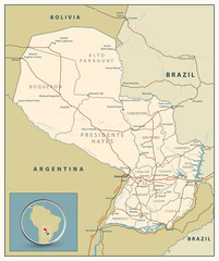 Highly detailed road map of Paraguay with roads, railroads and water objects