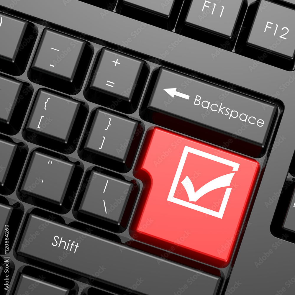 Aufkleber red enter button with check mark on black keyboard