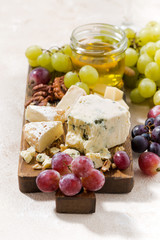 cheeseboard, fresh grapes and honey on a white background