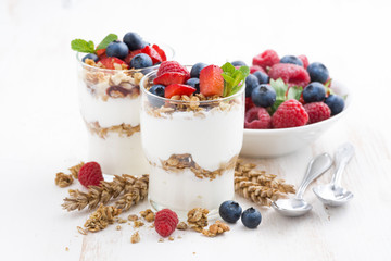 healthy dessert with natural yogurt, muesli and berries 