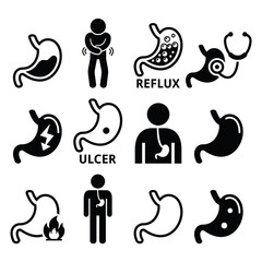 Stomach diseases - reflux, ulcer vector icons set 