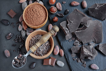 Chocolate pieces, cacao powder and cacao beans