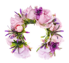 Handmade flowers wreath on white.