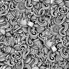 Cartoon hand-drawn doodles tea and coffee seamless pattern