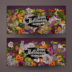 Cartoon cute colorful vector hand drawn doodles Halloween banners