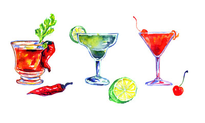 Hand Painted Watercolor Illustration Isolated Set of Cocktails: Bloody Mary, Margarita and Cosmopolitan