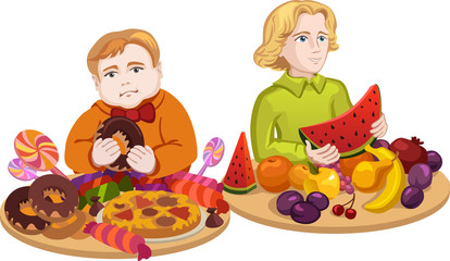 Two boys: boy with fat sweet food and boy with fruits. Weight and dieting. 