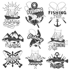 Vector set of monochrome fishing trip emblems. Isolated badges, labels, logos and banners in vintage style with ship, anchor, spinning rod, fish