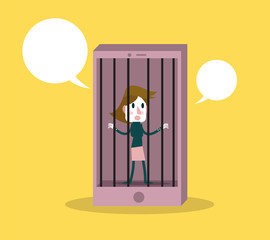 Woman has been detained in phone prison. Phone addiction concept. vector