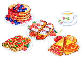 Hand Painted Watercolor Illustration Set:  Different recipes of pancakes on plates with cup of tea, isolated