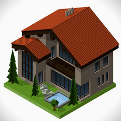 Country house with pool and lawn with trees. Vector isometric illustration.
