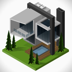 Modern house of glass and concrete in a loft style  with a lawn and a swimming pool. Vector isometric illustration.