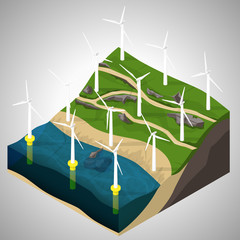Vector isometric illustration of a wind power plants. Extraction of energy from renewable sources. Generation of electricity using wind energy.
