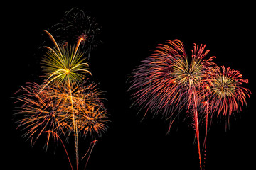 Isolated set of fireworks on black background with clipping path