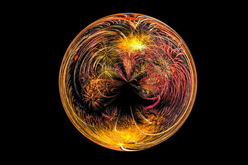 Isolated abstract fireworks in the glass ball on black background with clipping path