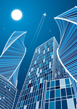 Airplane flying. Business building, modern skyscrapers, white lines on blue background, neon city, vector design art