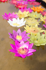 Colorful candle in lotus shape floating on water