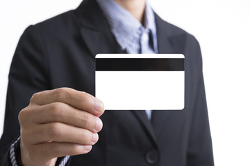 business man hand holding blank business credit card showing for concept banking and finance